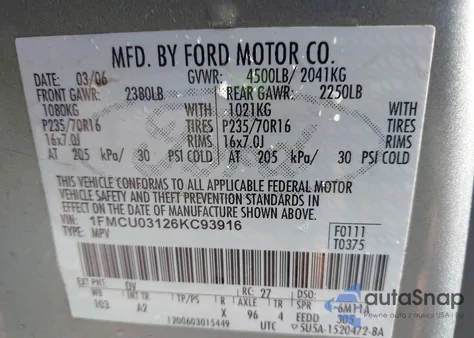 2006 Ford Escape Xlt/Xlt Sport z USA, uszkodzony, nr VIN 1FMCU03126KC93916